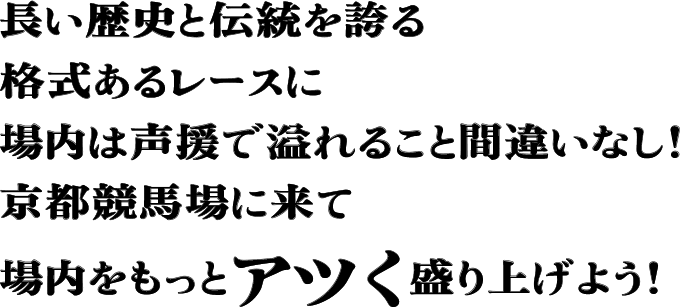 長い歴史と伝統を誇る格式あるレースに場内は声援で溢れること間違いなし！京都競馬場に来て場内をもっとアツく盛り上げよう！